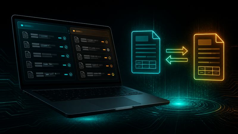 Notebook com dois documentos e setas comparando envio e retorno