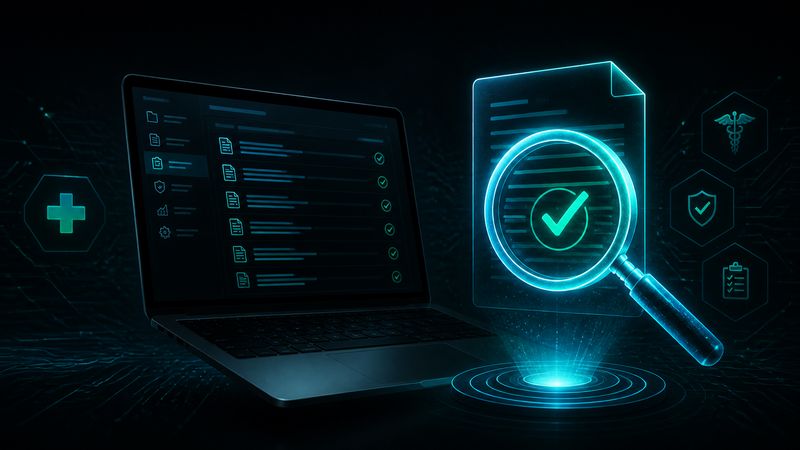 Notebook com lupa verificando um documento