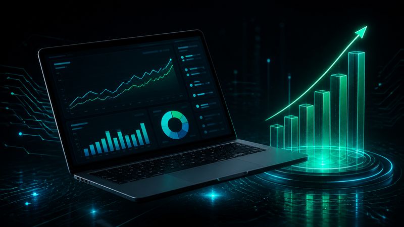 Notebook com painel de indicadores e gráficos subindo