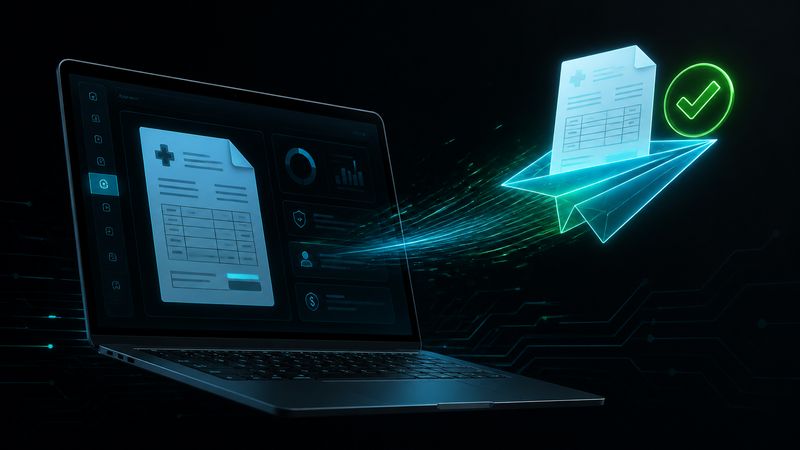 Notebook com avião de papel levando um documento de recurso de glosa